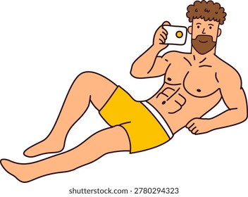 Relaxed Man Lying Down Taking A Selfie Photo