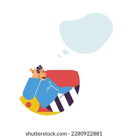Relaxed man lying on the couch and dreaming about something, flat vector illustration isolated on white background. Pensive and thoughtful person with empty thought bubble.