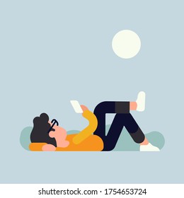 Relaxed man lying on ground using his phone. Cool vector illustration on leisure and chill out time outdoors in summer. Flat character design on guy reading or texting whilst resting in park