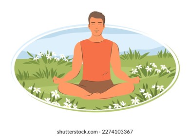 Relaxed man meditating sitting in lotus yoga pose in nature. Yoga practice, mental health concept. Vector illustration.