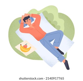 Relaxed man outdoor. Young guy lying on blanket with fruit. Weekend rest in city park. Person relaxing on nature in summer or spring season. Picnic and hike. Cartoon flat vector illustration