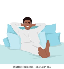Relaxed man in pajamas lies back on a bed surrounded by pillows, enjoying a moment of calm. Flat vector illustration isolated on white background