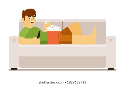 Relaxed man with pop corn box watching television program or movie lying on sofa at home vector illustration isolated on white background
