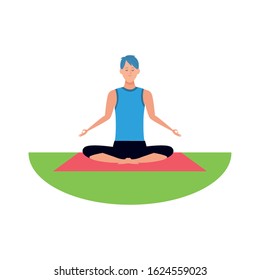 Relaxed man practicing yoga over white background, vector illustration
