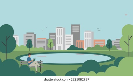 Relaxed man reading a book sitting on a wooden bench in a city park next to a peaceful pond with skyline background.