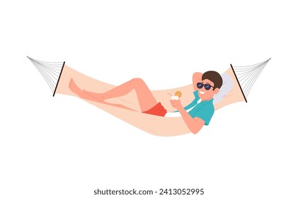 Relaxed man resort tourist cartoon character drinking cocktail lying in hammock vector illustration