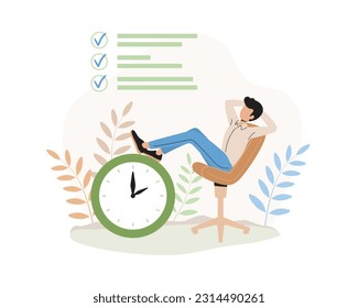 Un hombre relajado descansando con las piernas sobre el reloj después de completar todas las tareas de trabajo. Las personas mejoran la productividad y la eficiencia al trabajar. Estrategia de gestión del tiempo. Vector