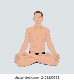 Relaxed man sits in lotos asana. Meditation,  relaxation and fitness concept. Vector illustration design