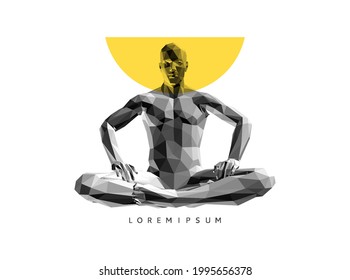 Relaxed man sits in lotos posture. Time for yoga, meditation or relaxation. Fitness concept. Healthy lifestyle. 3D model of man. Vector illustration.