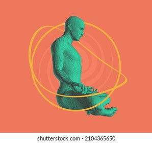 Relaxed man sits in lotos posture. Time for yoga, meditation or relaxation. Healthy lifestyle. 3D model of man. Vector illustration for logo, banner, flyer, poster, cover or brochure.