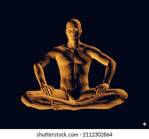 Relaxed man sits in lotos posture. Time for yoga, meditation or relaxation. Healthy lifestyle. 3D model of man. Vector illustration for logo, banner, flyer, poster, cover or brochure.