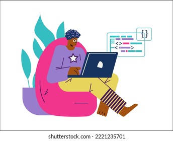 Relaxed man sitting in chair and programming on laptop, flat vector illustration isolated on white background. Character developing web site or engineering software. Remote work concept.