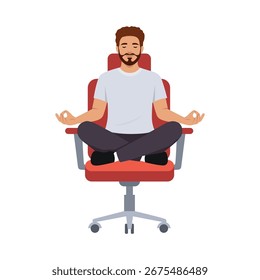 Hombre relajado sentado con las piernas cruzadas en una silla de oficina mientras medita. Ilustración vectorial plana aislada sobre fondo blanco