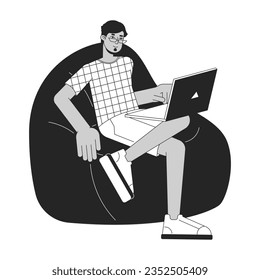 Relaxed man sitting on beanbag bw concept vector spot illustration. Freelancer with laptop 2D cartoon flat line monochromatic character for web UI design. Editable isolated outline hero image