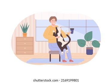 Relaxed man in sitting on chair hugging his cat. Happy guy drinking coffee and cuddling his four legged animal friend. Smiling man resting at cozy room at home flat vector