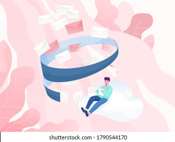 Relaxed man sitting on cloud and reading paper letter vector illustration. Guy check incoming correspondence. Verification inbox message, email filtering, anti-spam software concept