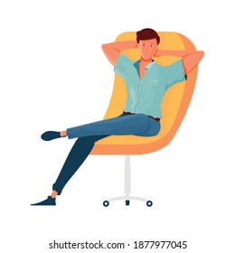 Relaxed man sitting on comfortable yellow castor chair flat vector illustration