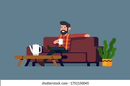 Relaxed man sitting on couch holding a cup of coffee. Flat vector illustration on doing nothing or having a break. 