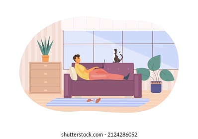 Relaxed man sitting on couch browsing internet use laptop. Happy male suffering internet addiction procrastination enjoying leisure weekend at home cartoon vector
