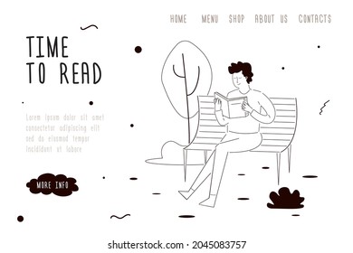 Relaxed man sitting and reading book on bench. Concept of spending free time, recreation and vacation. Guy read paper book. Weekend on nature or park. Template, landing page. Vector illustration 