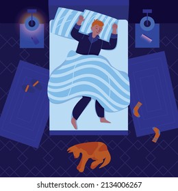 Relaxed man sleeping in bedroom with his dog at night top view flat vector illustration