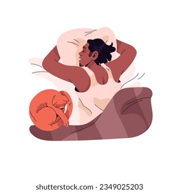 Relaxed man sleeps with pet. Asleep person hug pillow, cute ginger cat nap, people relax, lying in bed with kitty. Boy dream at night, top view. Flat isolated vector illustration on white background
