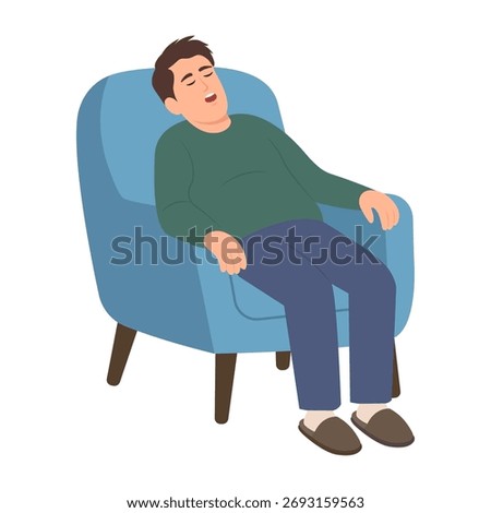 Relaxed man in slippers sleeping in Comfortable Chair. Snoring.Relaxing Spare Time. Vector Illustration
