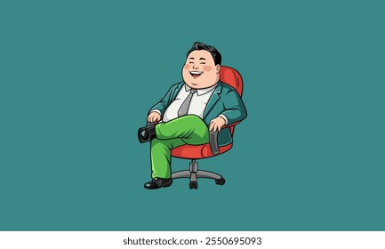 Relaxed man in a suit sitting and smiling on a red chair.