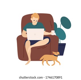 Relaxed man surfing internet use laptop sit on armchair vector flat illustration. Freelancer male working remotely at home isolated on white. Domestic modern guy resting holding computer and cup