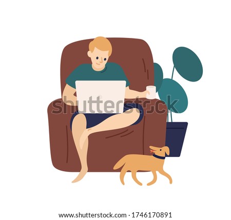 Relaxed man surfing internet use laptop sit on armchair vector flat illustration. Freelancer male working remotely at home isolated on white. Domestic modern guy resting holding computer and cup