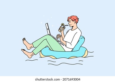 Relaxed man swim on inflatable ring work online on laptop at home lockdown or quarantine. Calm male employee downshifting in swimming pool. Distant job concept. Vector illustration. 