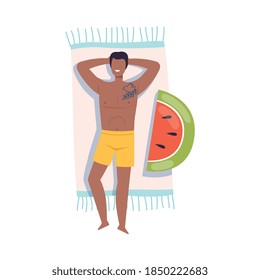 Relaxed Man with Tattoo Having Rest on Beach Lying on Towel Top View Vector Illustration