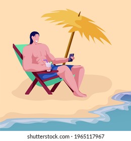Relaxed man using mobile phone and sitting on lounge chair on beach near sea. Happy male character reading and drinking. Side view.  Freelance. Office escape. Summer vacation. Side view. Flat cartoon 