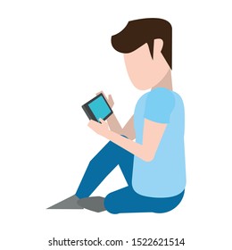 relaxed man using a smartphone over white background, vector illustration