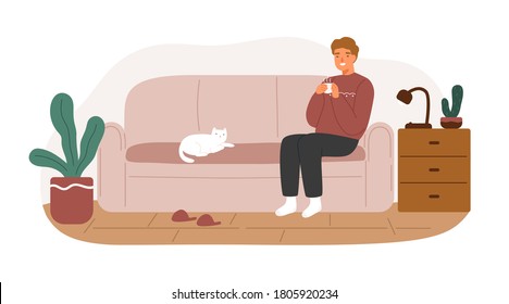 Relaxed man in warm sweater sitting on couch with hot beverage vector flat illustration. Smiling male spending time at living room coziness interior isolated. Happy guy resting on sofa with cat