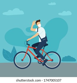 Relaxed man wear mask riding a bicycle flat illustration. new normal after covid-19.