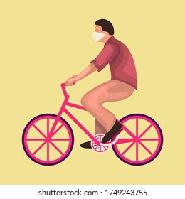 Relaxed man wear mask riding a bicycle flat illustration. new normal after covid-19. New normal concept and keep distance in public society. man riding a bicycle.  New normal after COVID-19 pandemic.