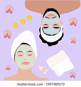 Relaxed Man and woman with facial mask in towel on his head. Concept of relaxation in SPA salon. man and woman in spa top view Vector colorful illustration with hand drawn text