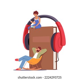 Relaxed Man and Woman Sitting Huge Book With Headphones Listening Online Stories. Online Library, E-book, Education Concept with Male and Female Readers Characters. Cartoon People Vector Illustration