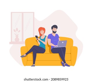 Relaxed man and woman sitting on couch browsing internet use laptop chatting on smartphone. Happy couple suffering internet addiction procrastination enjoying leisure weekend at home cartoon vector