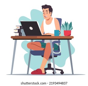 Hombre relajado trabajando remotamente en un ordenador portátil sentado en su escritorio. Feliz trabajador independiente en una oficina lejana. Trabajo a distancia, teletrabajo, independiente, ilustración vectorial plana en el lugar de trabajo remoto