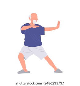 Relaxed mature senior man cartoon character exercising chinese tai chi spiritual technique