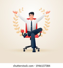 Relaxed meditating contented businessman in an office chair depicting success. Vector illustration.