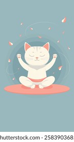 A relaxed meditating white cat sits in the lotus position under falling sakura petals. An atmosphere of calm, harmony and tranquility. Vector.
