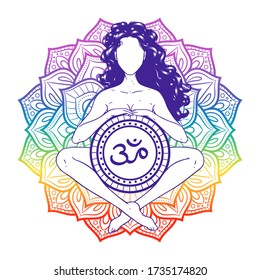 Relaxed meditating yogi woman on sacred lotus background. Vector illustration