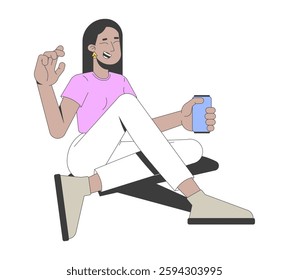 Relaxed middle eastern woman enjoying drink 2D cartoon character. Brunette female holding beverage can while laughing happily flat vector person isolated on white. Spot illustration colorful