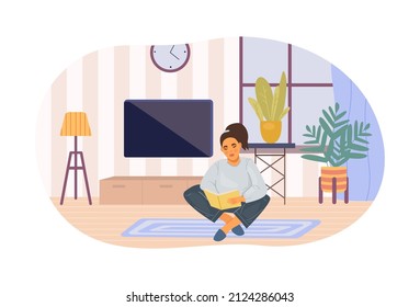 Relaxed modern woman reading paper book sitting on floor at comfortable home. Resting female enjoying hobby with literature having time for yourself at weekend. Self isolation vector cartoon