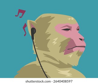 Relaxed monkey enjoying music with earphones. Cartoon flat vector illustration.
