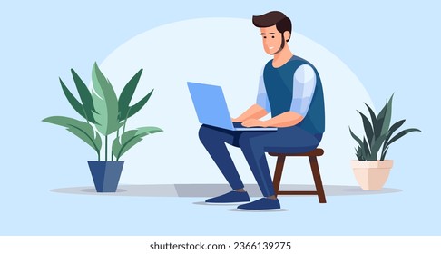 Relaxed Office Vibes, Man Working on Computer Surrounded by Potted Plants