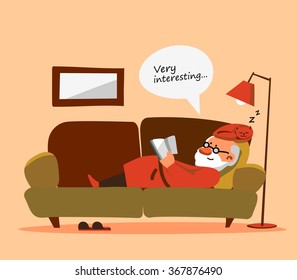 Relaxed old man with white beard reading a book on sofa. Vector illustration.  Portrait of senior expressing positivity and satisfaction. Contented and smiling cartoon man with cat resting at home